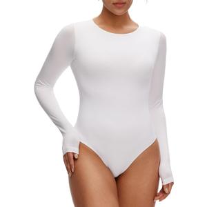 NANJI Long Sleeve Bodysuit for Women - Slim Fit Crew Neck Thong Body Suit, Stretch Double Lined Snap Tops, Casual Going Out (White, L)