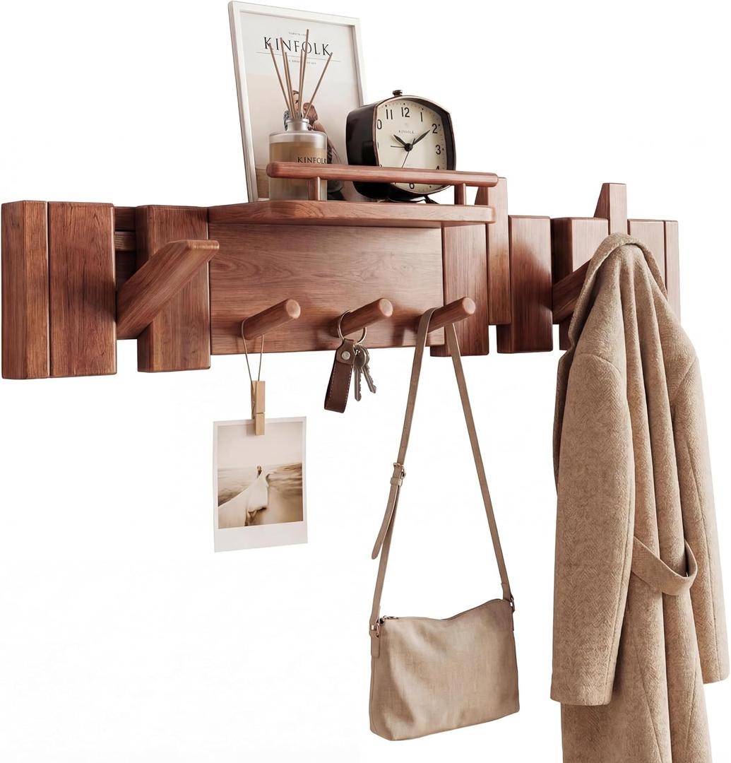 Mid Century Modern Walnut Foldable Entryway Wall Coat Hanger Hook with Shelf,Heavy Duty Wooden Piano Hidden Towel Hooks for Bathroom,Wall Rack for Purse&Key&Mail,Home Decor (Walnut, 7 Hooks)