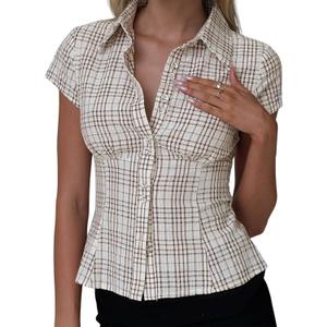Women's Plaid Shirt Button-up Short Sleeve Collared Slim Fit Casual Summer Blouse Tops (L)