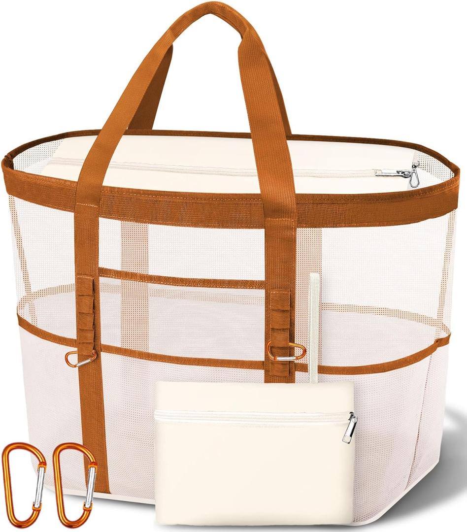 2026 Stylish & Spacious XX-Large Beach Bag for Women Mesh Canvas Tote with Top Zipper, 11 Tall Pockets | 40L+ Spacious, 11 Tall Pockets, Zipper Pouch, Secure Zip-Top, Sand-Resistant Base