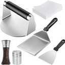 Smash Burger Press Kit - 12pc Stainless Steel Griddle Accessories Set with Scraper, Squeeze Bottle, Wide Spatula, 100 Patty Papers - Professional BBQ Tools for Blackstone Flat Top Grill & Camping