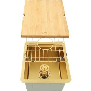 LQS Gold Undermount Bar Sink, 15" x 17" Gold Kitchen Sink, 16 Gauge Stainless Steel RV Kitchen Sinks, Small Bar Sinks with Cutting Board and Accessories