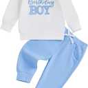 Toddler Baby Boy Birthday Outfit Letters Print Long Sleeve Crewneck Sweatshirt and Pants Cake Smash Outfit Clothes (12-18 Months, A-white Blue)