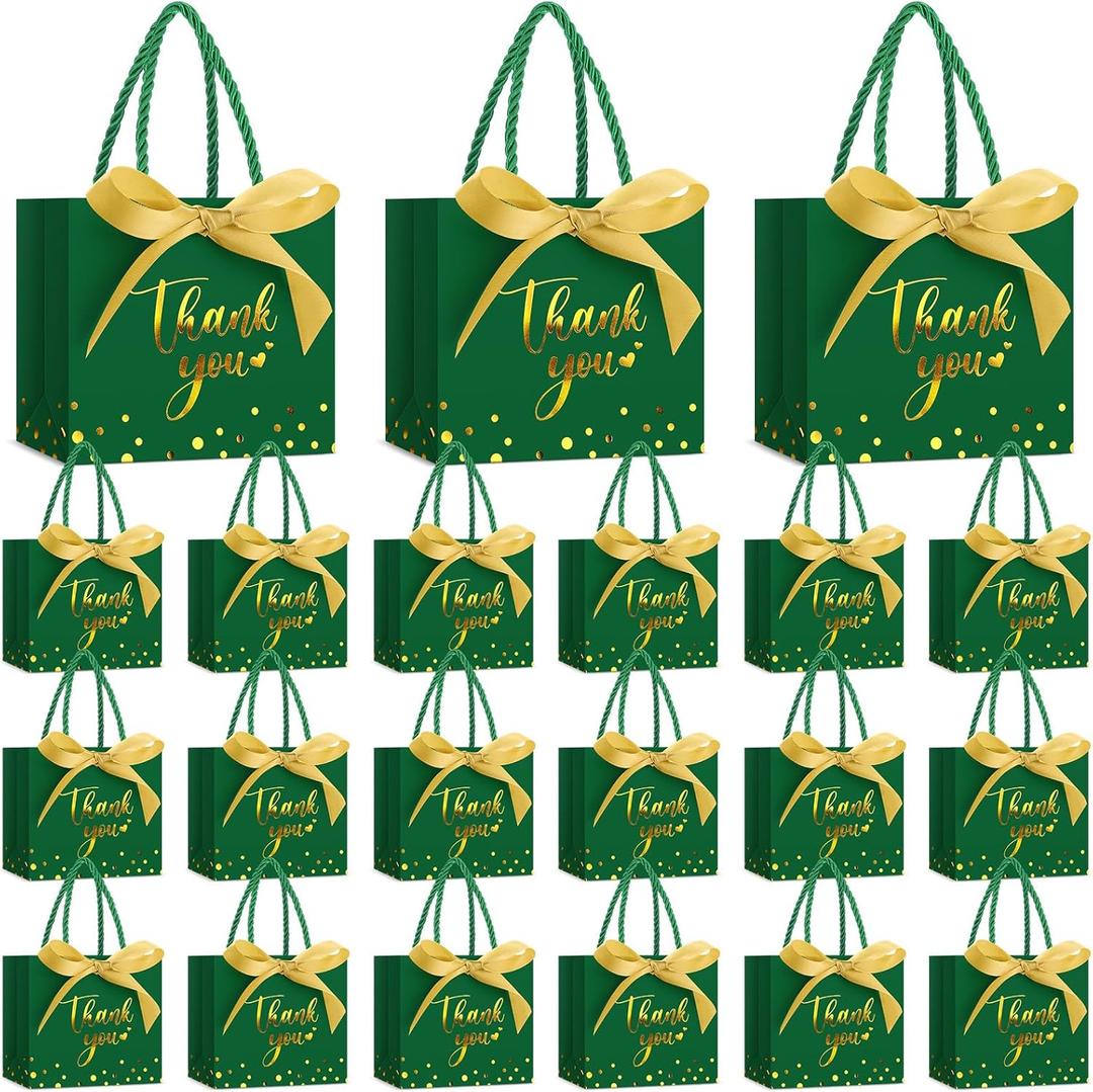 Jetec 45 Pcs Small Thank You Gift Bag Bulk 5.5x4.7x2.5'' Mini Paper Favor Bag with Handle Ribbon for Graduation Mother's Day Baby Shower Wedding Anniversary Birthday Party(Dark Green/gold)