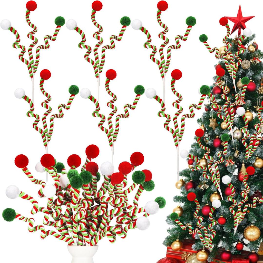 Norme 12 Pcs 13.8 Inch Christmas Tree Picks Christmas Tree Topper Decoration Red Green and White Artificial Curly Stem with Ball Pompom Ornament for Xmas Vase Filler Wreath Craft Supplies