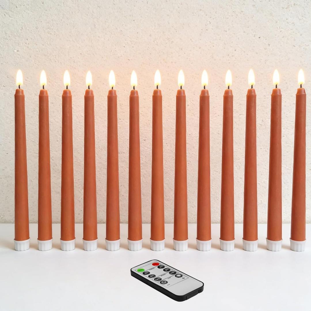 Orange Flameless Taper Candles with Remote, Flickering LED Candlesticks Battery Operated Spring Home Decor Candle Set of 12