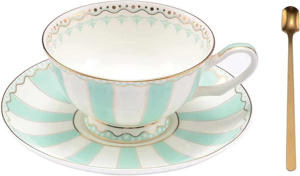 Bone China Tea Cup Set with Saucer Spoon - 3 Piece Set (7oz) - Cappuccino & Latte Cups - Mother's Day Gift (Pink)