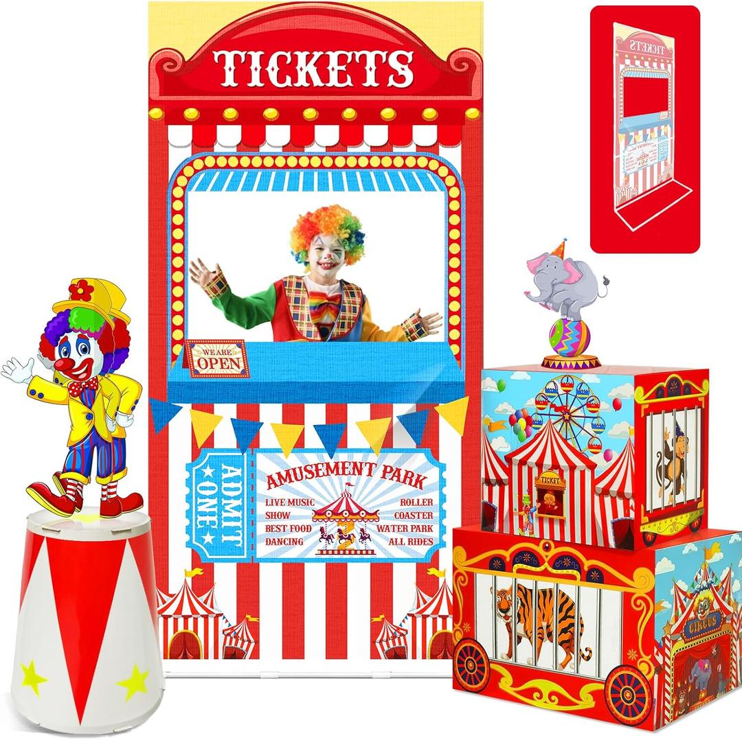 Circus Theme Party Decorations Supplies: Carnival Ticket Photo Booth Props Backdrop Kit with Circus Boxes Carnival Photo Backdrop Amusement Park Theme Accessories for Boys Girls Birthday Decor