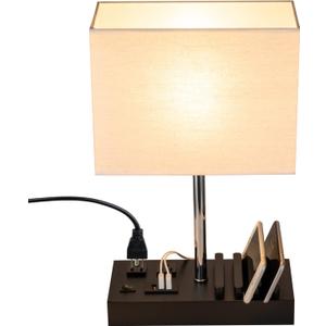 Briever Upgraded 3 USB Table Lamp with 2 USB A & C Charging Ports, Bedside Desk Lamp with 2 AC Outlets and Wooden Phone Stand Organizer, Ideal Nightstand Lamp for Bedroom, Guest Room, Office