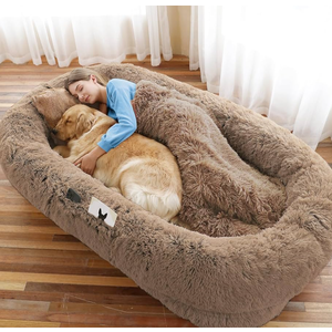 Redlife Extra Large Human Dog Bed - 72"x48"x10" with Blanket, Side Pocket & Waterproof Washable Faux Fur Fabric (Brown)
