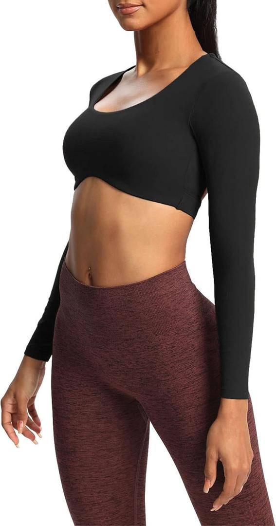 Aoxjox Long Sleeve Crop Tops for Women Define Sculpt Workout Cropped T Shirt Top (Medium, Black)