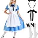 fhjax Halloween Costumes for Girls, Blue Dress White Apron with Stockings Bow headband and Tie Set for Cosplay Party Size 150 Blue