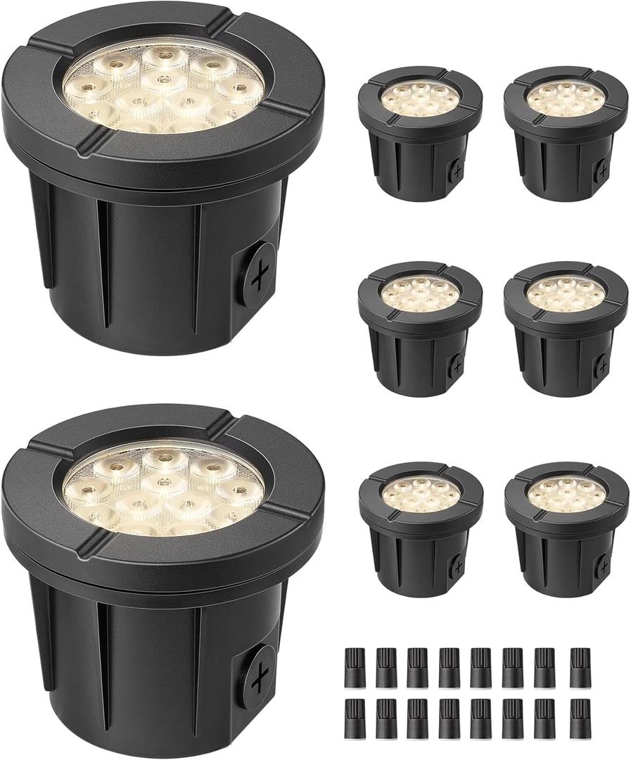 EDISHINE 8 Pack 4 Inch Low Voltage Landscape Lighting, 8W 3000K 600LM AC/DC Well Lights Landscape Led In-Ground,12-24V IP67 Waterproof Outdoor In Ground Lights for Pathway Driveway Yard Garden