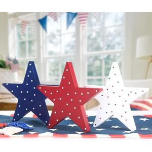 4th of July Decorations-2Pcs Patriotic Wooden Stars Sign-Classic Red White Blue Memorial Day Decorations for Home Shelf Mantel Tiered Tray Table Windowsill Decor