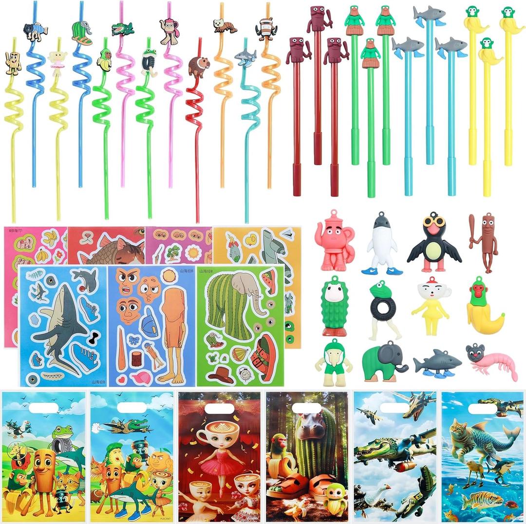 J6&H6 Italian Brainrot Party Bundle 60pcs Brainrot Party Favors , Included Gift Bags, Bendable Reusable Straws, Brain rot Element Stickers, and Brain Rot Series Pens, for Party Favor