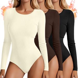 Huukeay 3 Pack Women's Thermal Long Sleeve Bodysuits Fleece Lined Ribbed Knit Crew Neck Tops Winter Leotard Jumpsuit Shirt (Black, Brown, Cream)