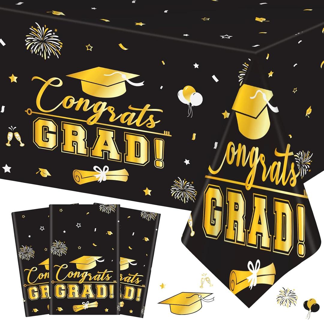 3 Pcs Graduation Tablecloth - Congrats Grad Table Cloth for Class of 2026,Disposable Plastic Rectangle Grad Table Cover for Graduation Party Decorations 2026 and Party Supplies, 54x108 Inch,Black Gold
