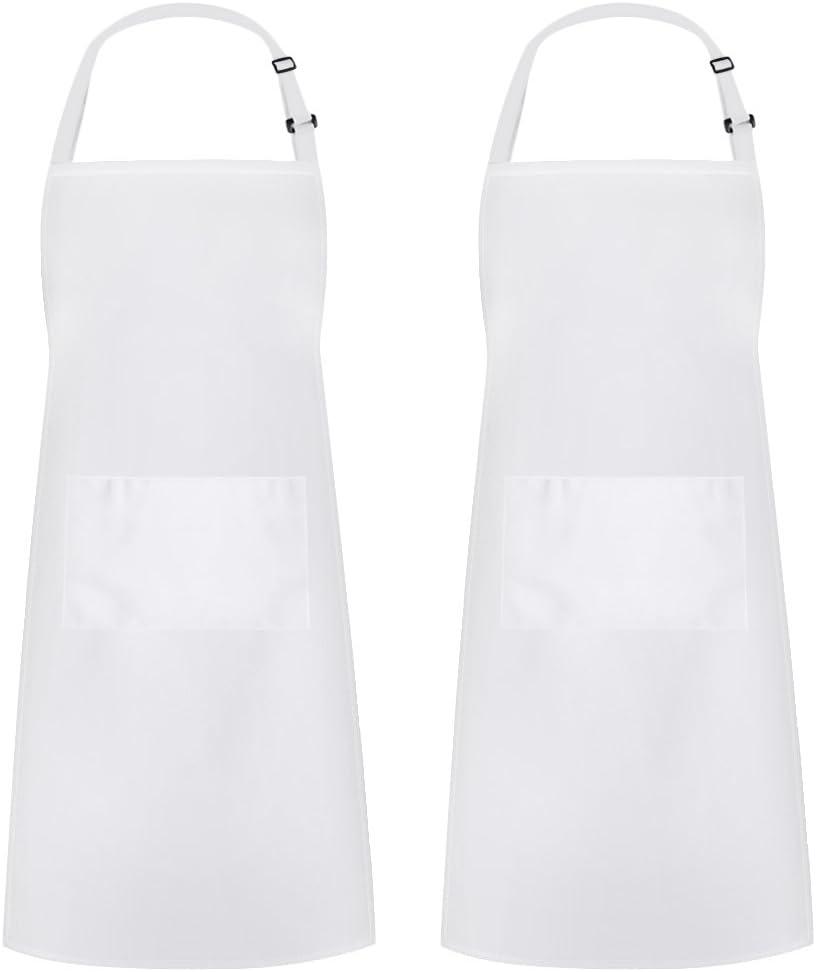 Syntus 2 Pack Adjustable Bib Apron Waterdrop Resistant with 2 Pockets Cooking Kitchen Aprons for Women Men Chef (Basic White)