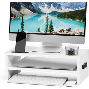 Marbrasse Monitor Stand Riser, 16.5 Inch 2 Tier Computer Printer Shelf Stand for Laptop Computer Screen Storage, Desktop Stand with Phone Holder and Cable Management (White)
