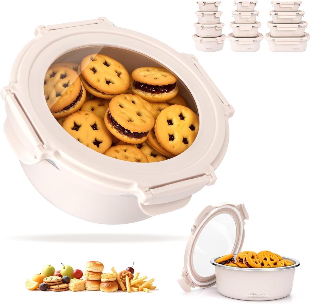 25oz Stainless Steel Lunch Box With Leakproof Tempered Glass Lids Microwavable Stainless Steel Food Storage Containers Stackable Freezer Fruit Snack Meal Prep Metal Bento Box for Travel Picnic Round