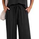 ANRABESS Women's 2 Piece Linen Lounge Set Casual Matching Pants Jumpsuit Summer Beach Travel Vacation Trendy Outfits Black Small