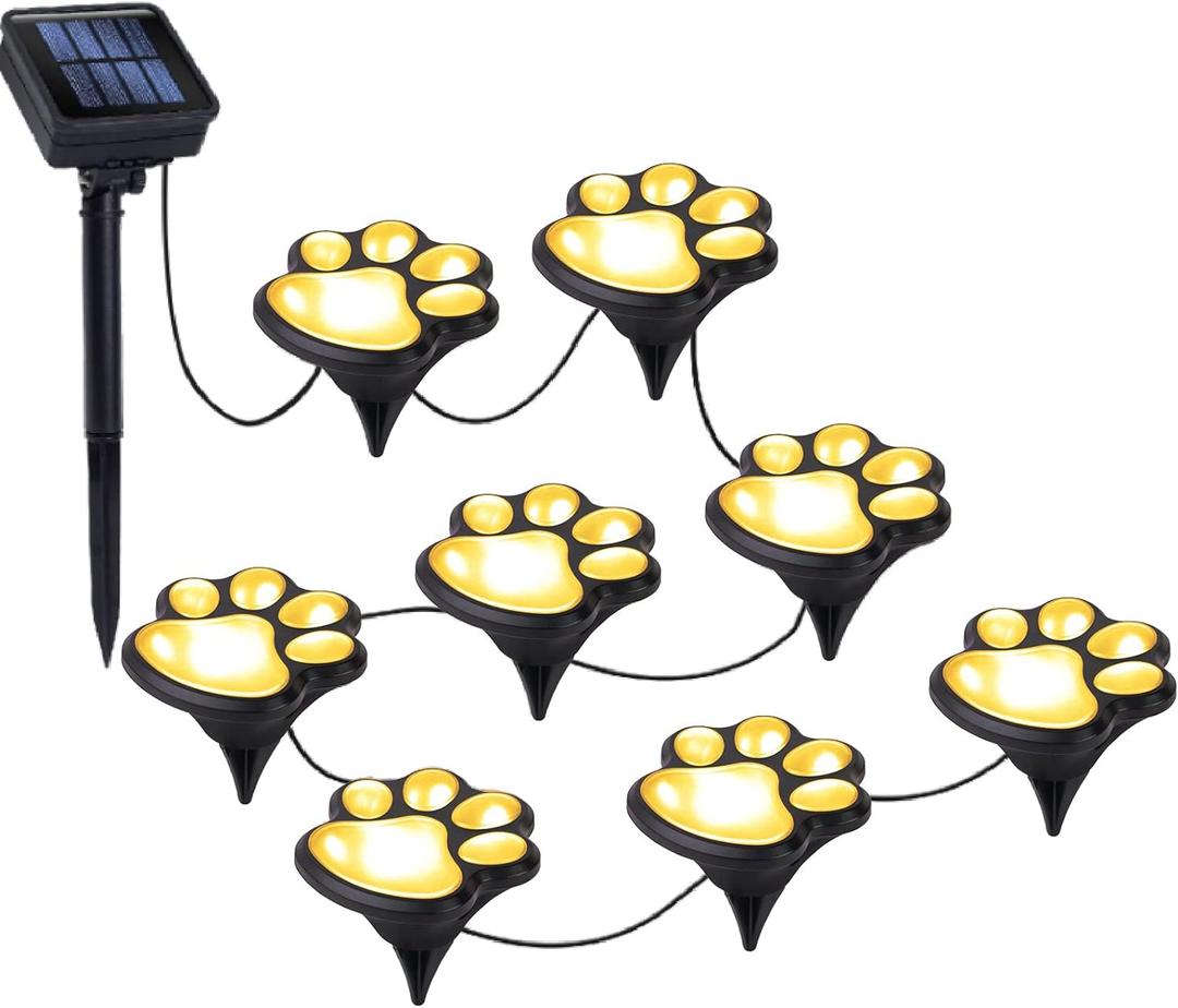 Paw Print Solar Lights  Solar String Lights Outdoor Waterproof LED (Set of 8), Dog Cat Decorative Lamp, Pet Print Path Lights, Vibrant Garden Solar Lights, Gifts for Pet Lovers(Warm White Paw Print)