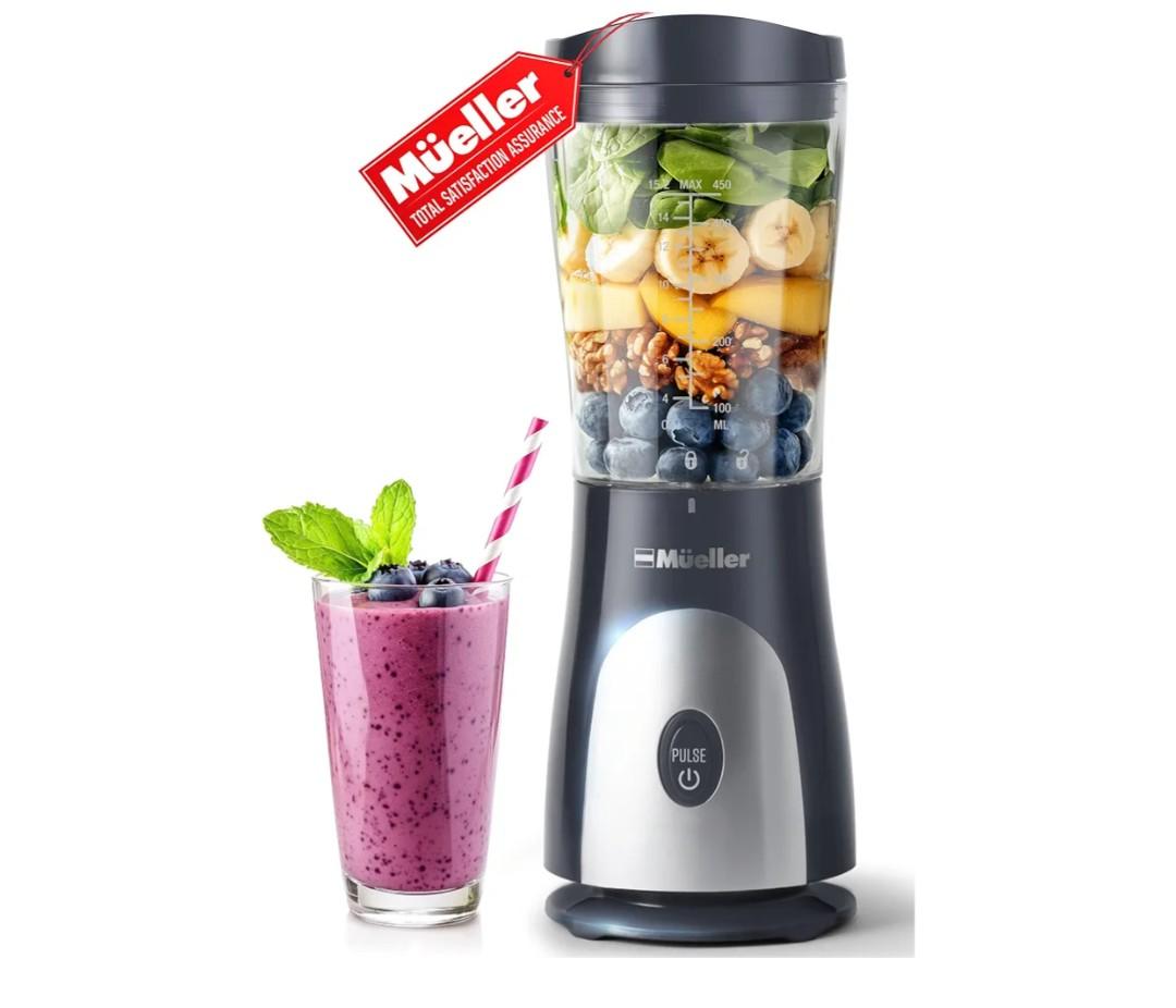 Mueller Smoothie Blender for Smoothies - Personal Blender for Shakes, Frozen Drinks, Baby Food & More, 15oz Travel Cup and Lid, Durable Stainless Steel Blades for Powerful Blending Performance, Black