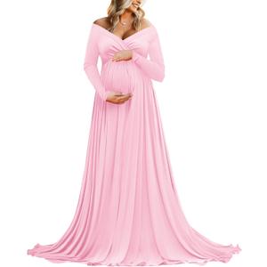 Saslax Maternity Off Shoulders Half Circle Gown for Baby Shower Photo Props Dress, Small