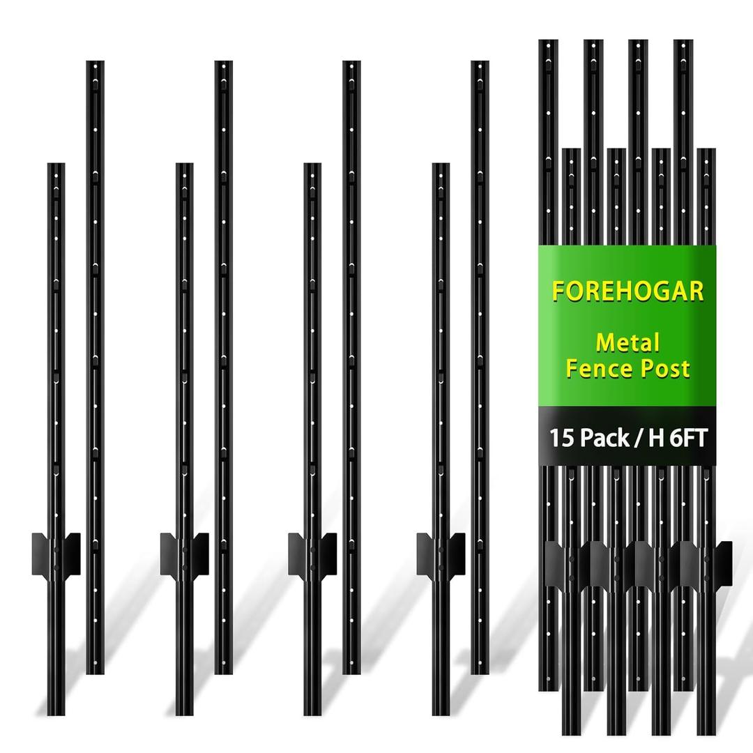 Metal Fence Post Black 6 feet, Pack of 15, T Posts for Fences Wire Mesh, No Dig Steel Stakes Fencing for Garden Yard Farm Outdoor Light Duty