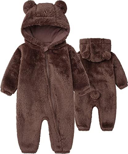 Baby Boy's Fleece Snowsuits Cute Bear Cartoon Jumpsuits Winter Hooded Rompers With Zipper Brown 3-6M