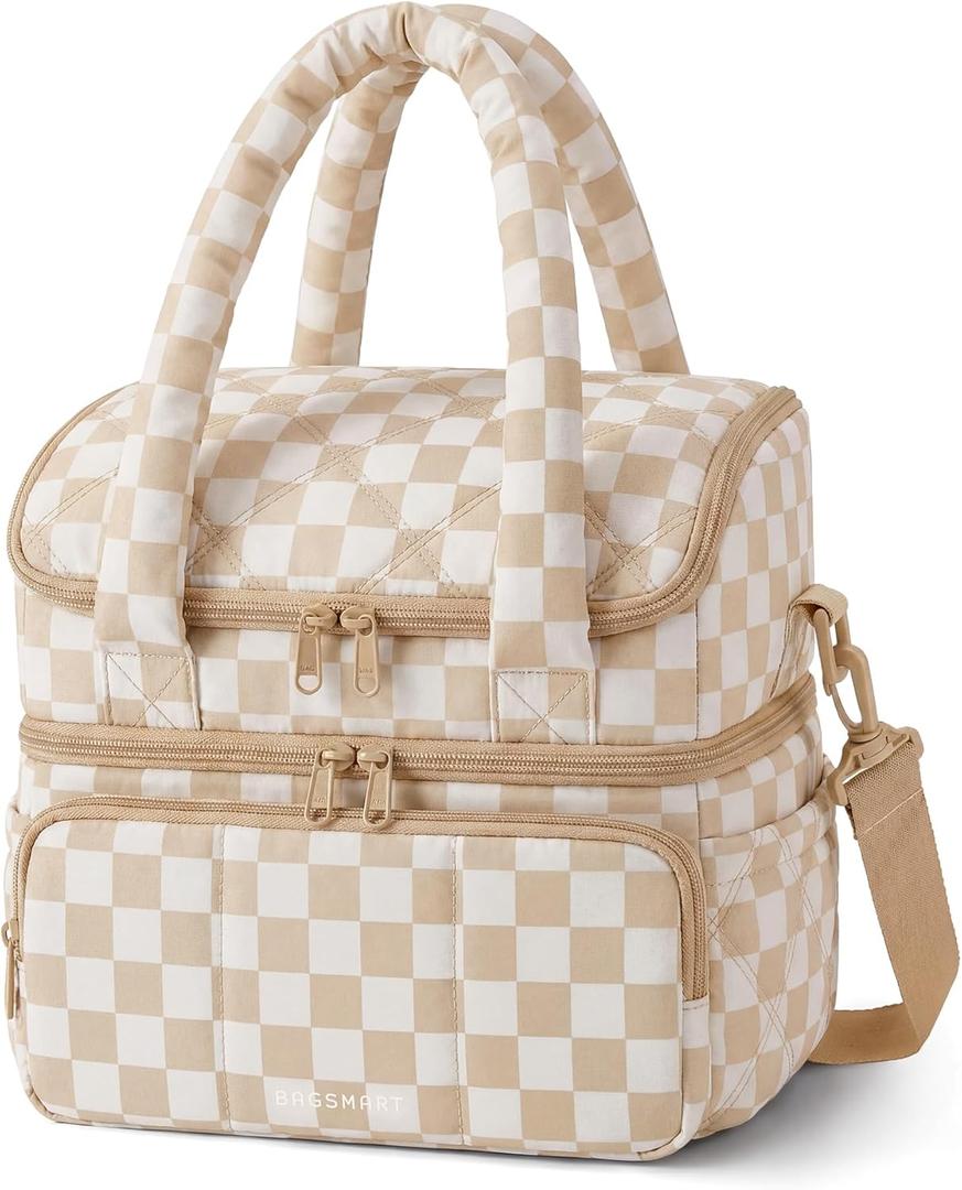 BAGSMART Lunch Bag Women, Double Deck Insulated Lunch Box, Quilted Puffer Lunch Tote, Leakproof, Durable & Reusable Large Lunch Cooler For Work Picnic Travel Meal Prep, Brown Checkerboard