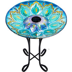 Glass Bird Bath Outdoor with Metal Stand Solar BirdBath Feeder Garden Decor