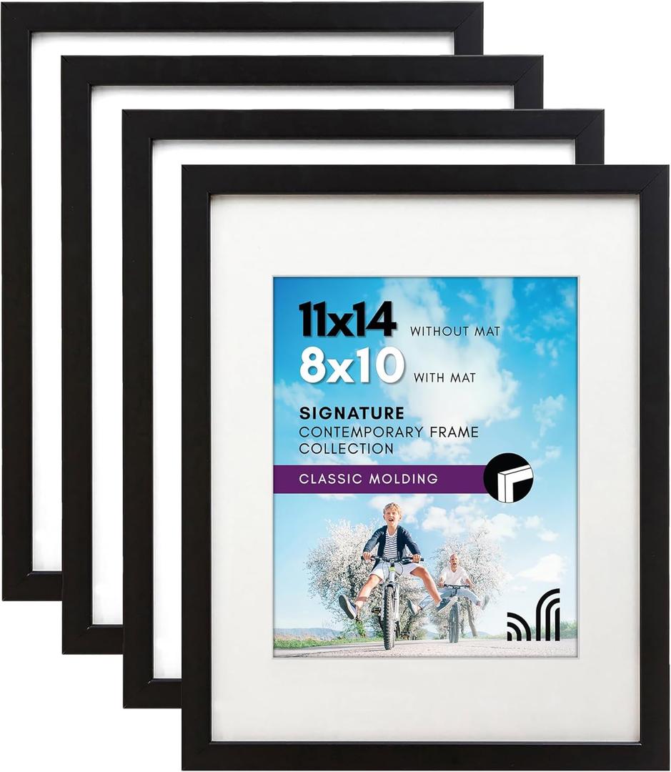Americanflat 11x14 Picture Frame with Shatter-Resistant Glass - Set of 4 - Use as 8x10 Frame with Mat or Display 11x14 Photo Without Mat - Signature Collection - Picture Frames for Wall - Black