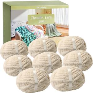 Chunky Chenille Yarn for Hand Knitting 8 Jumbo Pack Chunky Yarn for Hand Soft Blanket Knitting, Bulky Thick Fluffy Yarn for Crocheting (Light Khaki)