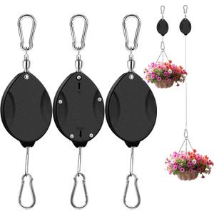 ZUZUAN 3 Pcs Upgraded Heavy Duty Retractable Plant Hanger, Plant Pulleys for Hanging Plants, Easy to Raise and Lower, Auto Lock, Adjustable Hook for Garden Baskets Pots, Birds Feeder and Grow Lights, Black