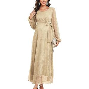 CYCLAMEN 2025 Maternity Sparkly Mesh Maxi Dress Long Sleeves Long Flowy Pregnant Dress with Belt Baby Shower Formal, L