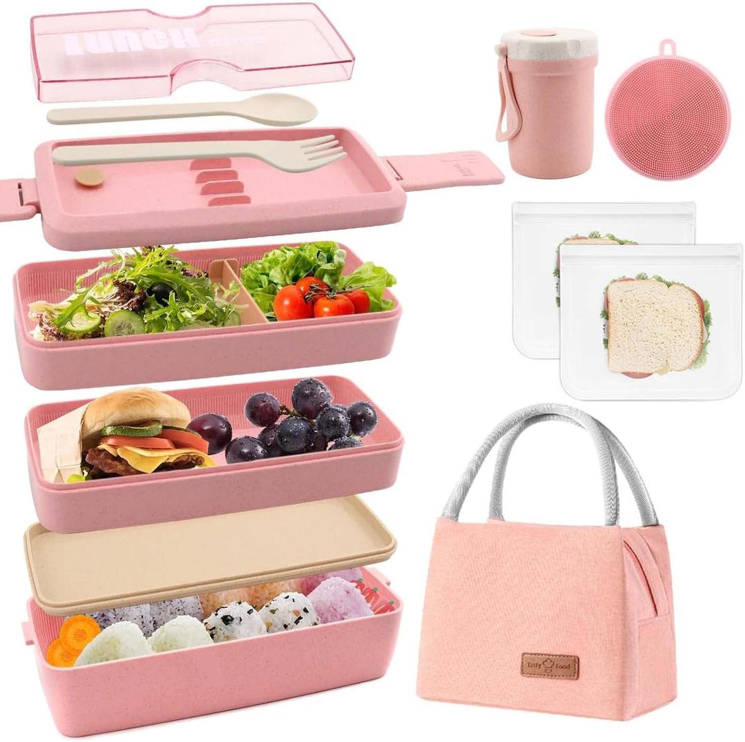 Bento Box Japanese Lunch Box Kit Leakproof Bento Lunch Box for Kids Adults Wheat Straw 3 Layer Stackable Lunch Containers with Compartment Eco-Friendly Meal Prep Containers (Pink)
