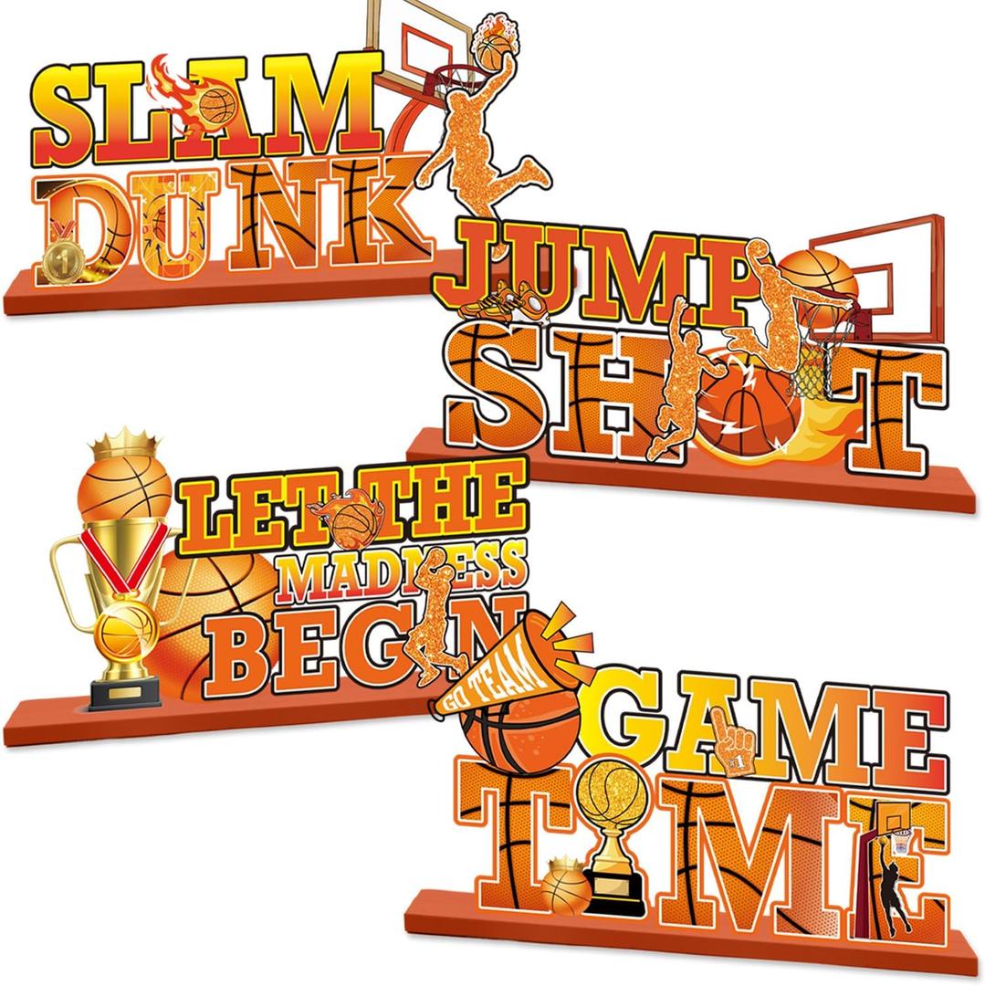 2 x 4Pcs March Basketball Party Decorations – Table Wooden Game Time Centerpieces for Basketball Birthday Party, Sport Themed Table Ornaments Set, Holiday Festival Senior Night Decor Gifts