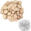 Bememo 1.2 Inches/ 3 cm Round Wooden Discs with Holes, 100 Pieces Birthday Board Tags and 100 Pieces 15 mm Rings for Arts and Crafts