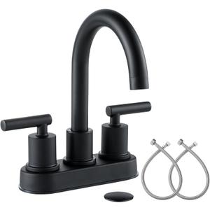 VXV Bathroom Sink Faucet 4 Inch 2 Handle Centerset Utility Lavatory Vanity Modern 360 Rotating Black Water Faucet with Pop-up Drain Stopper Assembly and Supply Lines Fits 2 Hole