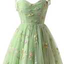 Women's Tie Strap Tulle Prom Dresses Sweetheart Flower Embroidery Dress Short Formal Party Mini Homecoming Dresses Medium