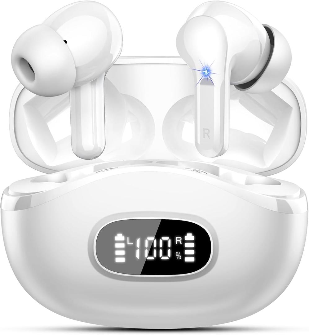 Wireless Earbuds, Bluetooth Headphones 5.4 HiFi Stereo, Ear Buds with 4 ENC Noise Cancelling Mics, 48H Bluetooth Earbuds with Dual LED Display, IP7 Waterproof in Ear Earphones for Android iOS, White Wireless Earbuds, Bluetooth Headphones 5.4 HiFi Stereo, Ear Buds with 4 ENC Noise Cancelling Mics, 48H Bluetooth Earbuds with Dual LED Display, IP7 Waterproof in Ear Earphones for Android iOS, White
