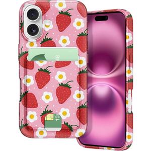 Petocase for iPhone 16 Wallet Case Card Holder Slot Slim Fit Flexible TPU Gel Rubber Soft Skin Silicone Protective Phone Case Cover for Apple iPhone 16 6.1 inch Strawberry