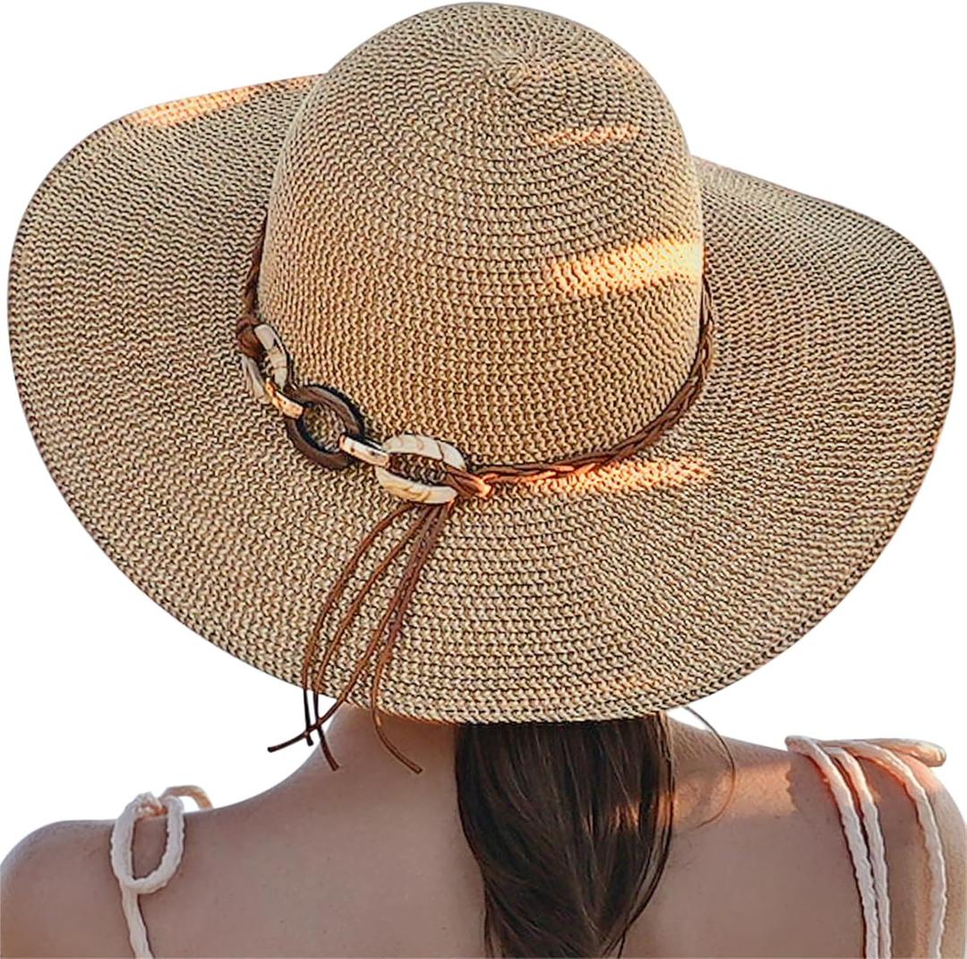 Beach Hats for Women - Sun Hat Womens, Wide Brim Straw Womens Sun Hat with Wind Lanyard Roll Up Foldable UV Protection