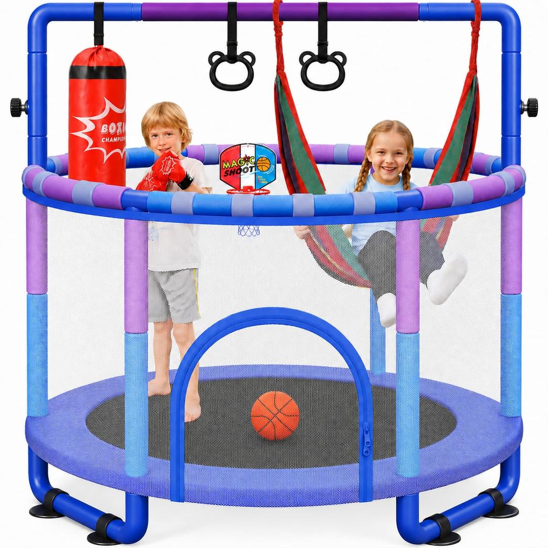 Yohood 55" Trampoline for Kids with Enclosure, 6-in-1 Toddler Trampoline Indoor Outdoor, Upgrade Full Anti-Rust Tube with Adjustable Gymnastics Bars for Boys Girls (Missing Half The Spring And Support Bar)