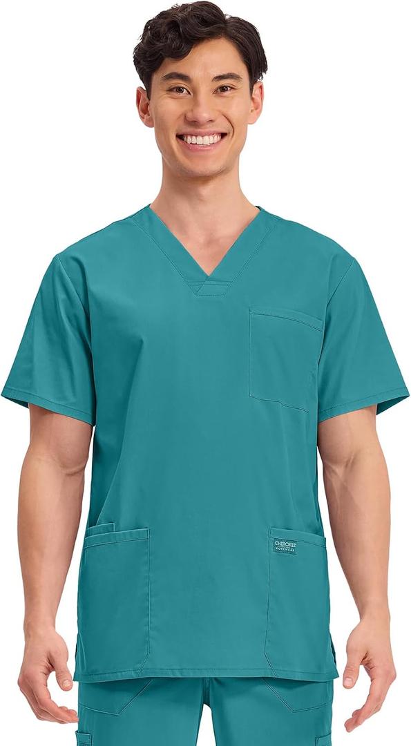 Cherokee Men's V-Neck Top Traditional fit with 4 Pockets, Ultra Soft, Durable, Fade Resistant, 2-Way Stretch Fabric - Teal Blue (XXL)