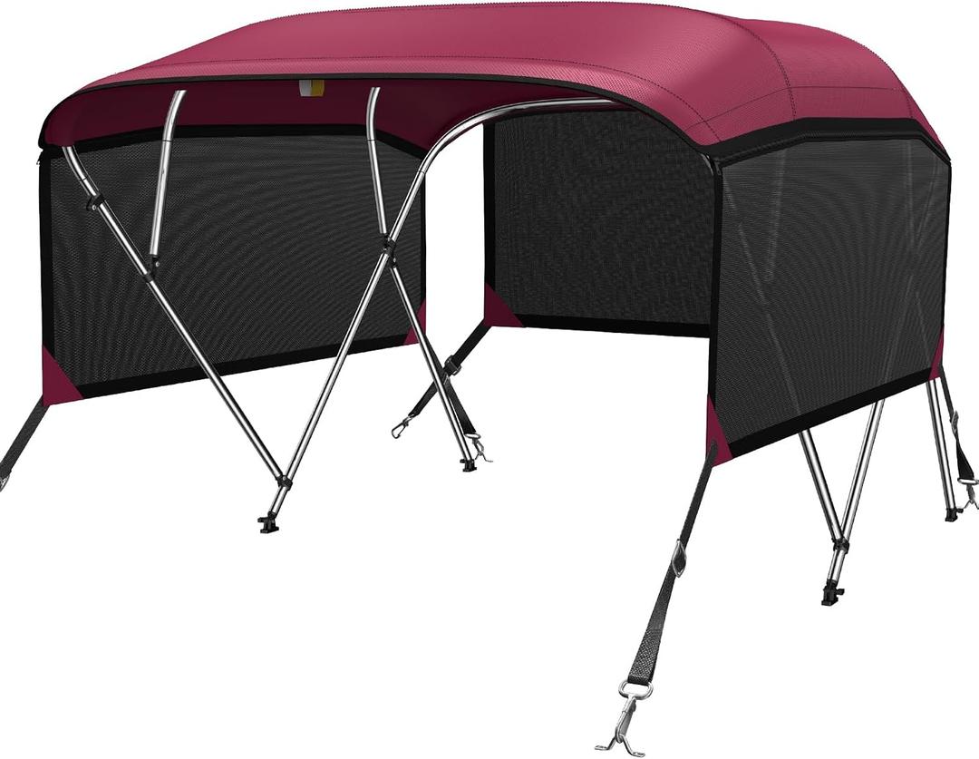 KAKIT Bimini Tops with 3 Mesh Sides (4 Bow 8'L x 54" H x 73"-78" W,Red)