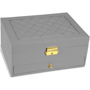Jewelry Box for Women Girl Wife - Large PU Leather Jewelry Organizer Storage Case with Two Layers Display for Earrings Bracelets Rings Watches (Grey)