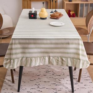 Vctops Farmhouse Sage Green Stripe Ruffle Table Cloth, Boho Cotton Linen Tablecloth, Washable Table Cover for Square Table Baby Shower Kitchen Party Wedding Decor (Green A,70"x70")