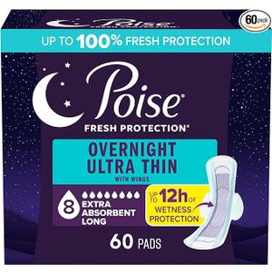 Poise Overnight Ultra Thin Incontinence & Postpartum Pads with Wings for Bladder Leaks, 8 Drop Extra Absorbent, Long Length, 60 Count (3 Packs of 20)